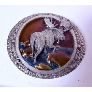 1985 Bergamot Brass Works Moose Pewter Enamel Belt Buckle USA MADE